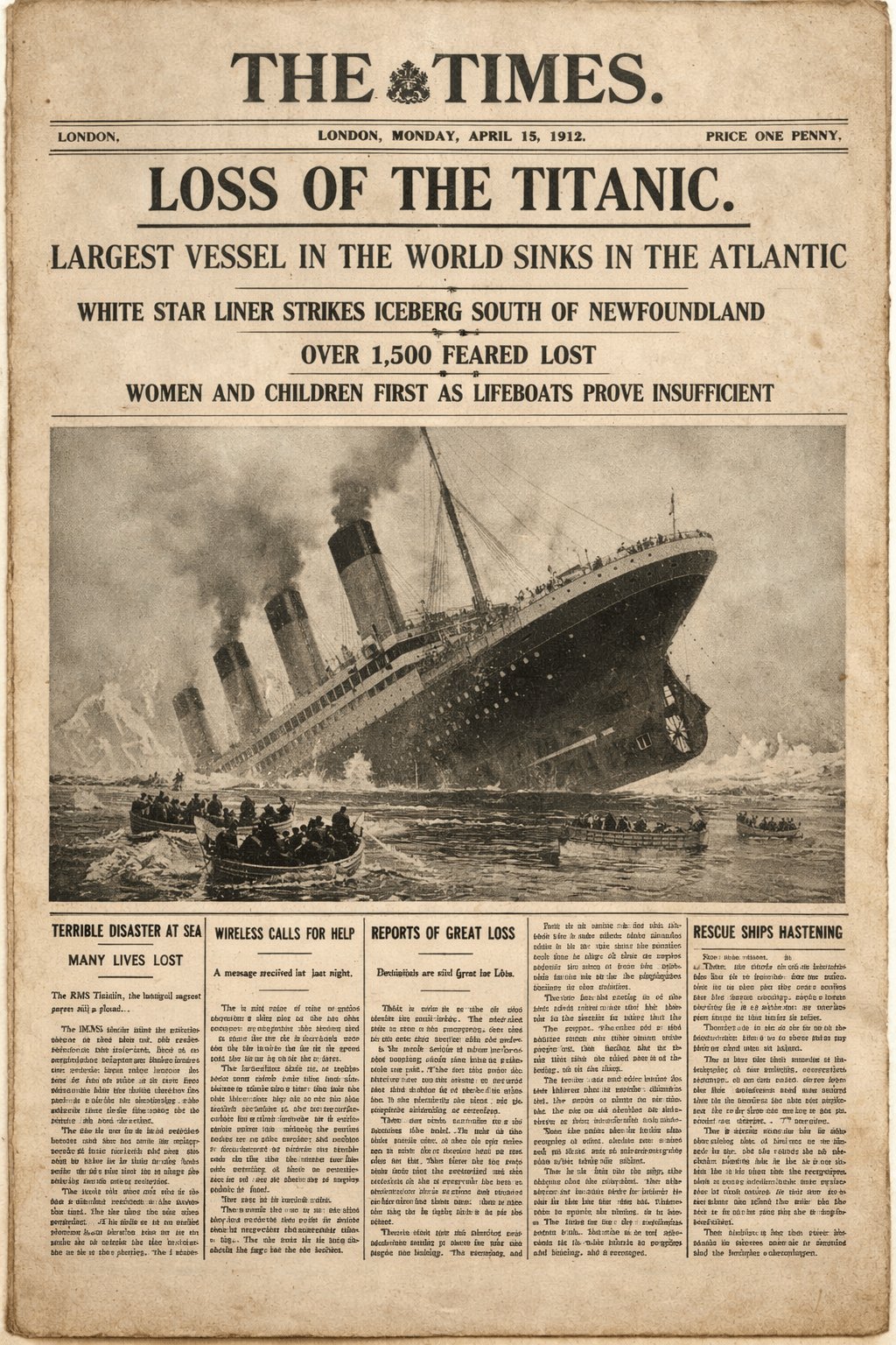 The Times: Loss of the Titanic, April 15 1912